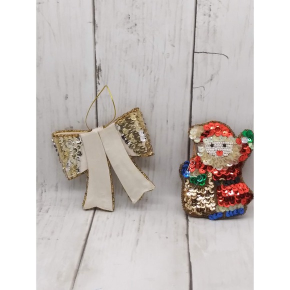 Vintage Sequence and Beaded Santa Clause & Bow Christmas Ornaments (13) - Picture 4 of 4